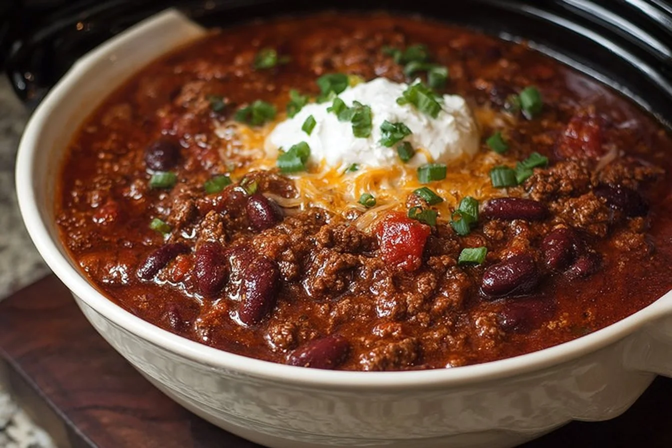 Bowl of easy slow cooker chili topped with cheese and herbs