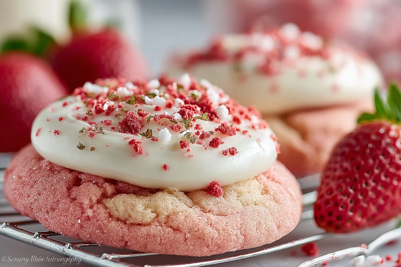 Delicious easy strawberry crunch cookies topped with strawberry crumbs.