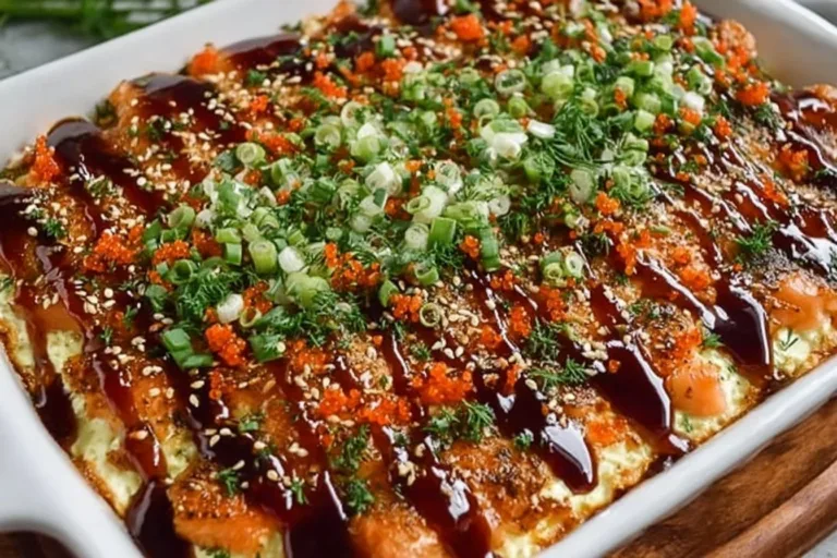 Delicious easy sushi bake served in a baking dish with fresh ingredients