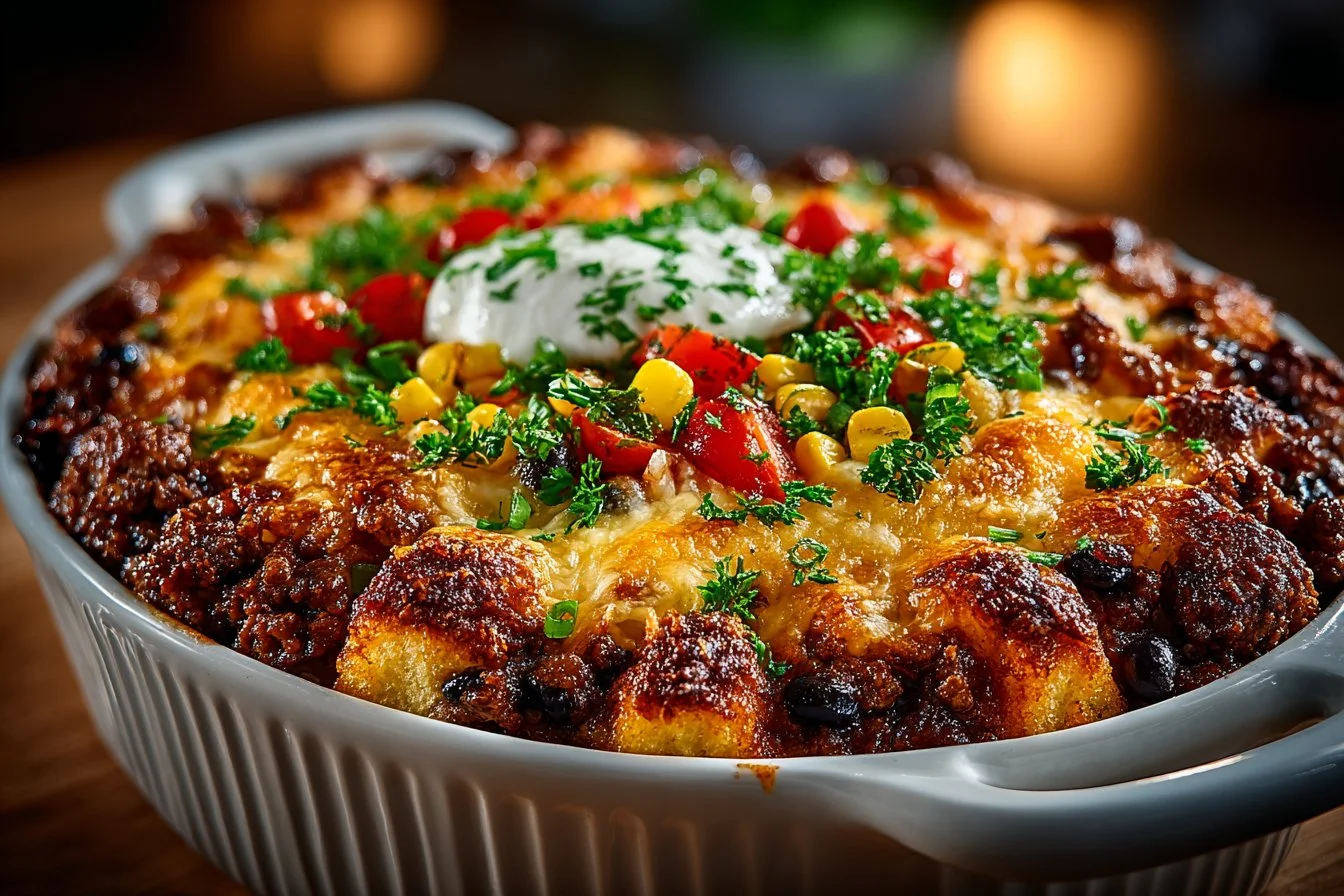 Baked taco casserole topped with cheese and colorful vegetables