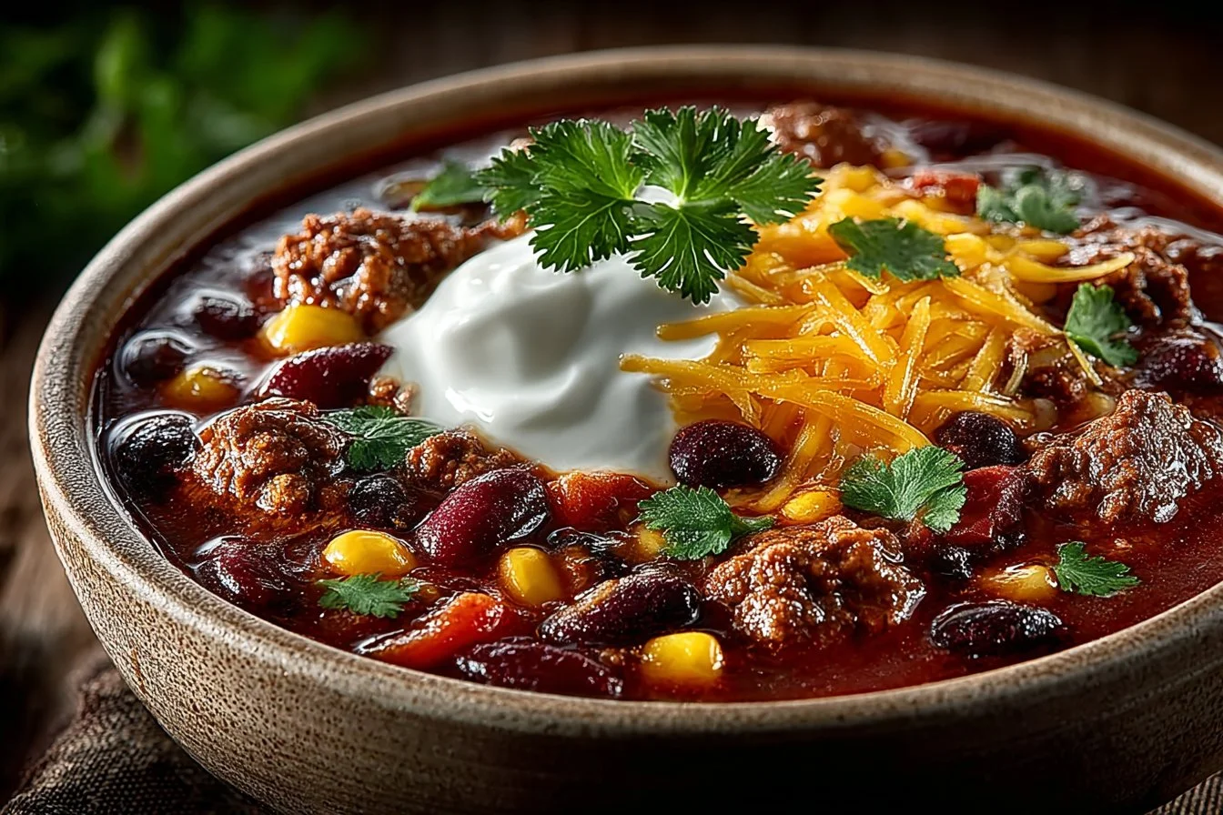 A bowl of easy taco soup garnished with fresh cilantro and avocado