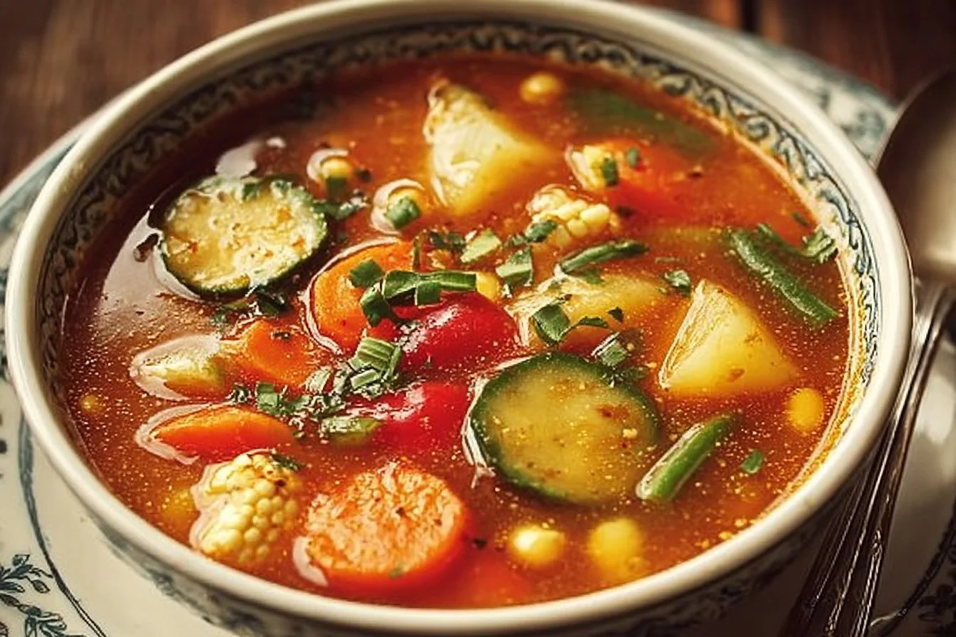 Bowl of easy vegetable soup filled with colorful vegetables and garnished with herbs.