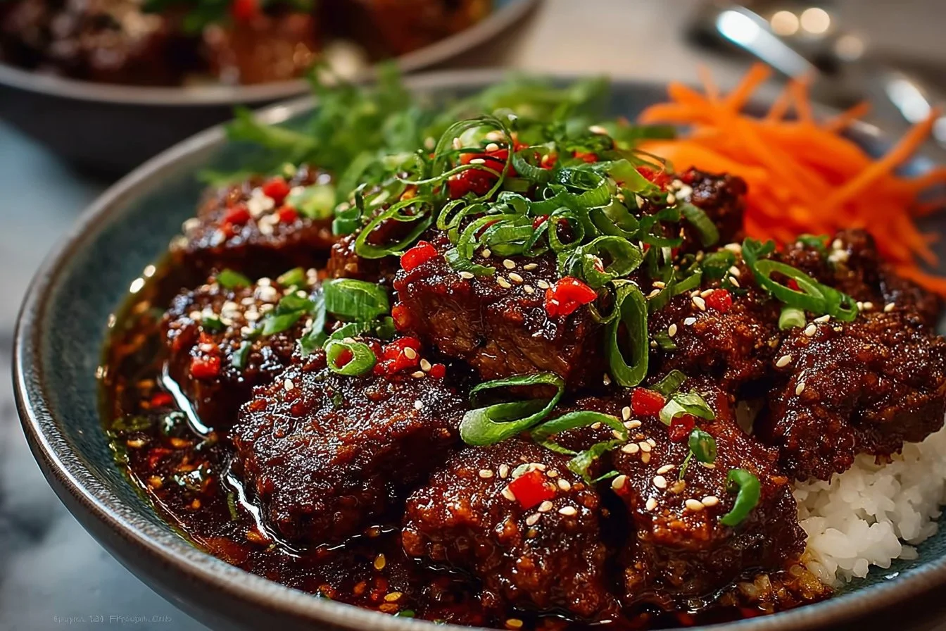 Delicious Firecracker Beef served with colorful vegetables.