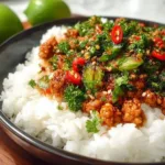 Firecracker Ground Chicken dish served in a bowl with fresh herbs and chilies.