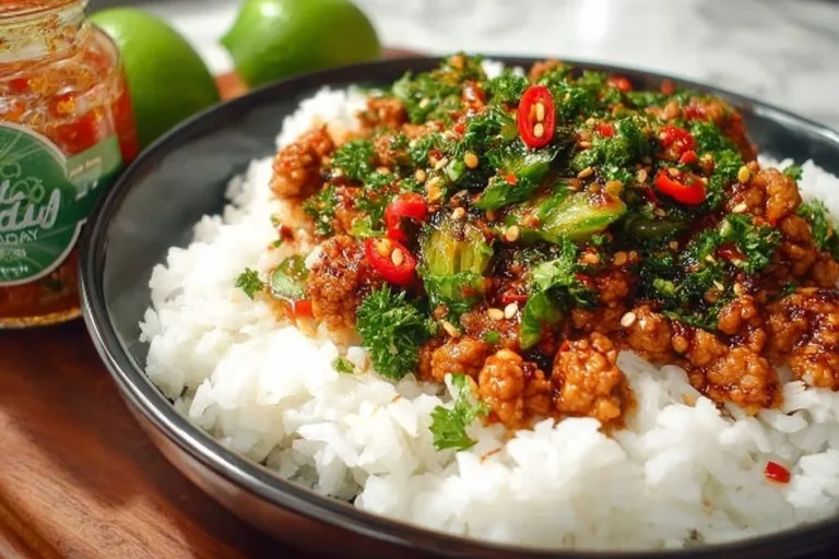 Firecracker Ground Chicken dish served in a bowl with fresh herbs and chilies.