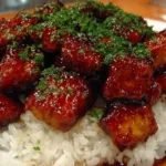 Delicious bourbon chicken copycat recipe served in a bowl with fresh herbs.
