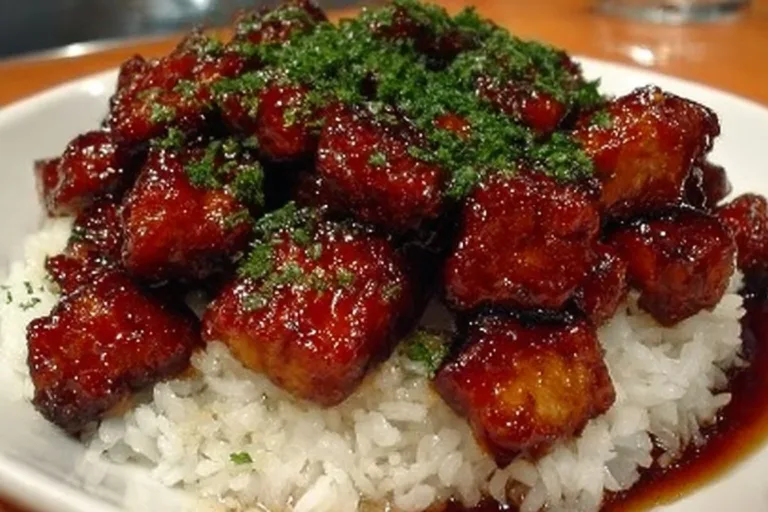 Delicious bourbon chicken copycat recipe served in a bowl with fresh herbs.