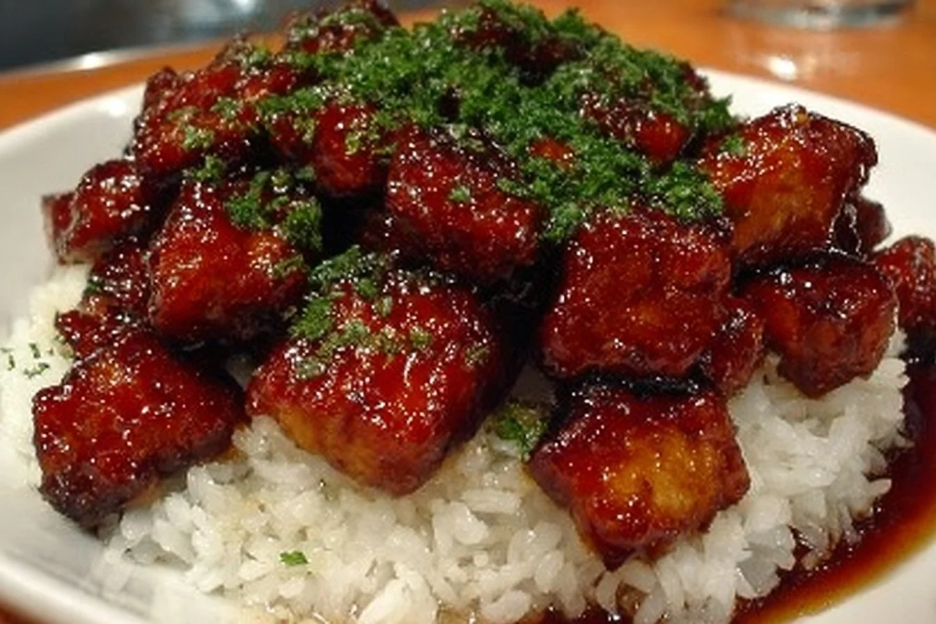 Delicious bourbon chicken copycat recipe served in a bowl with fresh herbs.