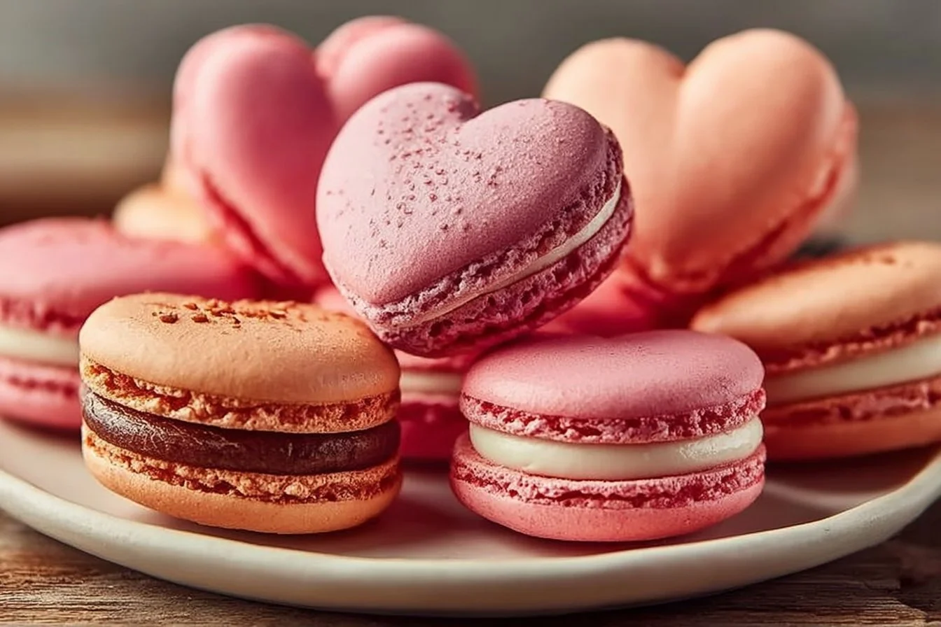 A display of beautifully decorated French heart shaped macarons in various flavors.