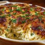 French Onion Chicken Orzo Casserole topped with melted cheese and herbs