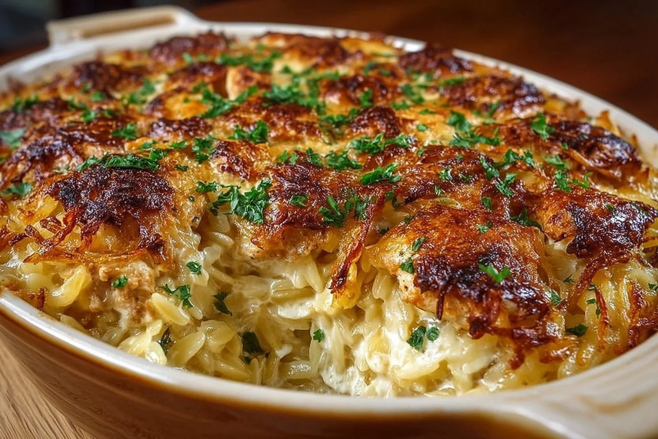 French Onion Chicken Orzo Casserole topped with melted cheese and herbs