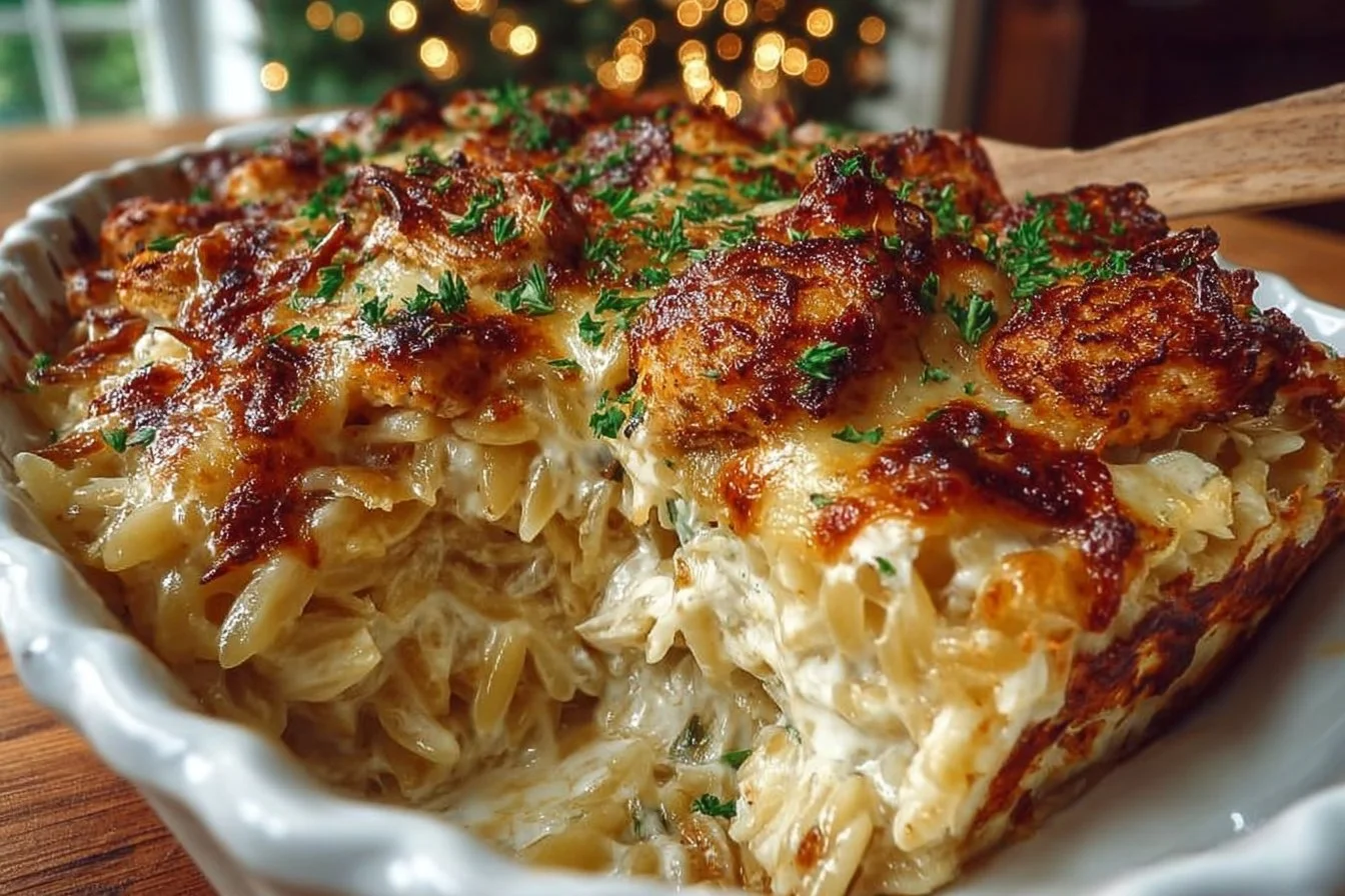 French Onion Chicken Orzo Casserole topped with melted cheese and herbs