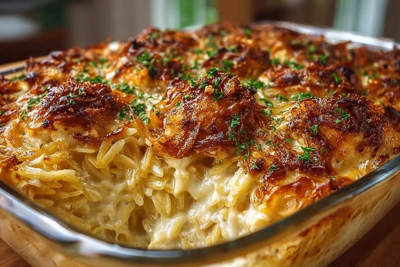 French Onion Chicken Orzo Casserole topped with melted cheese and herbs