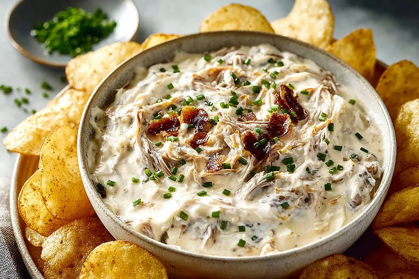 Delicious homemade French Onion Dip served with crispy chips.