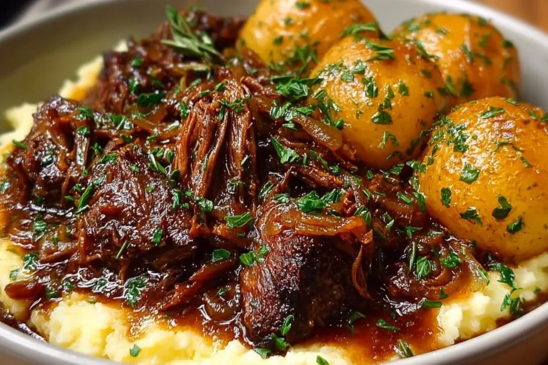 Delicious French Onion Pot Roast served with caramelized onions and herbs.