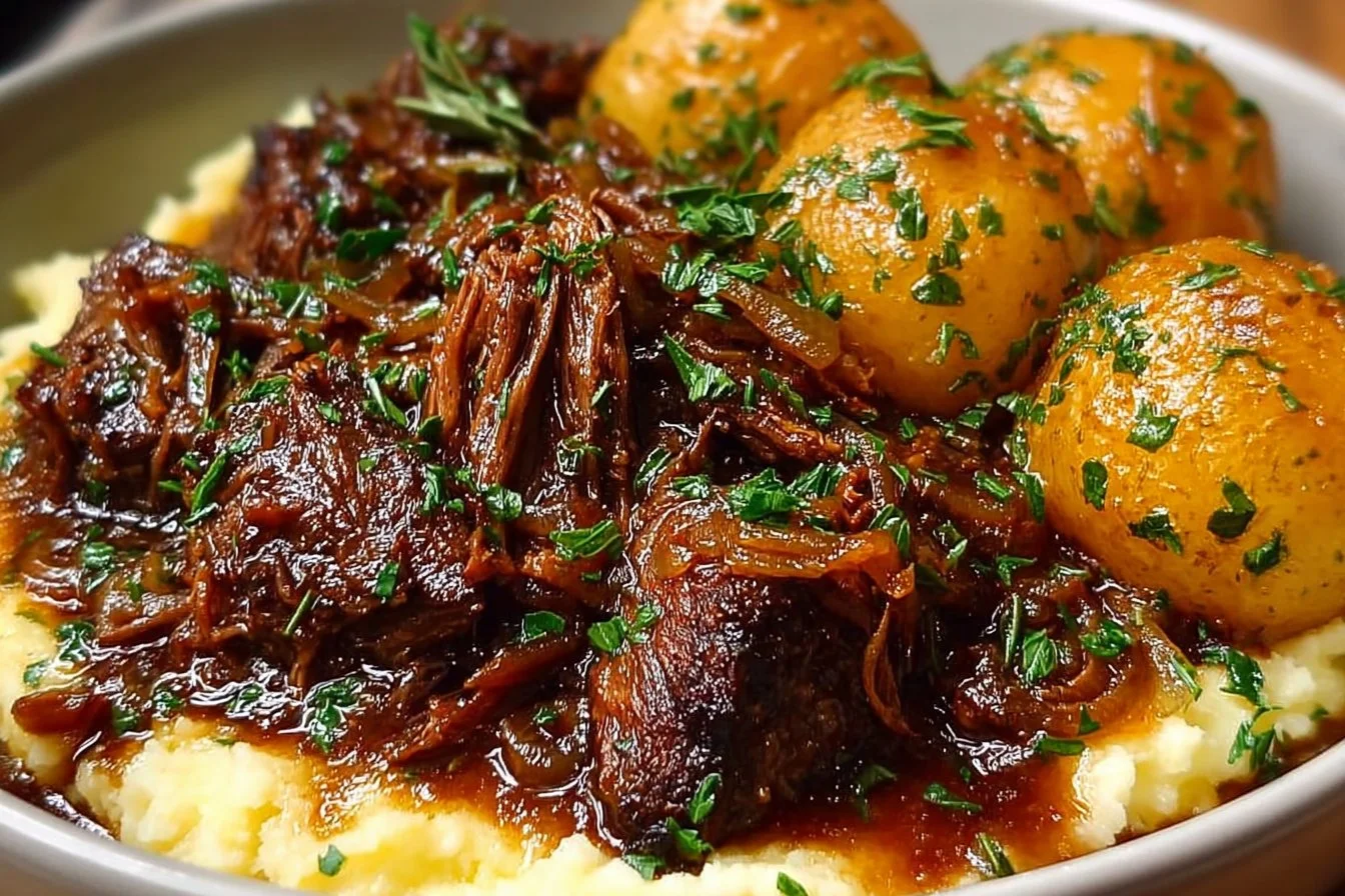 Delicious French Onion Pot Roast served with caramelized onions and herbs.