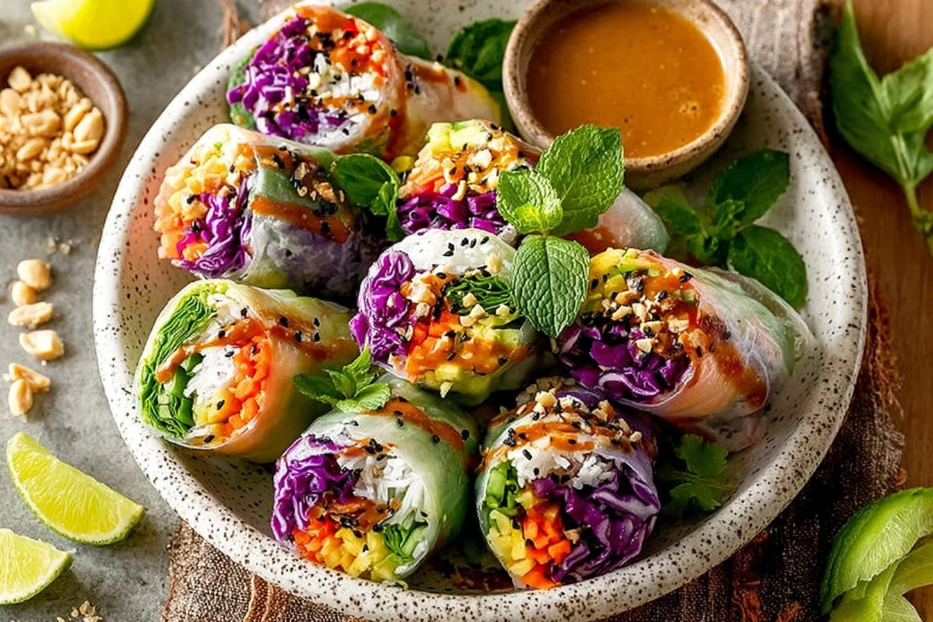 Plate of fresh spring rolls served with a creamy peanut dipping sauce