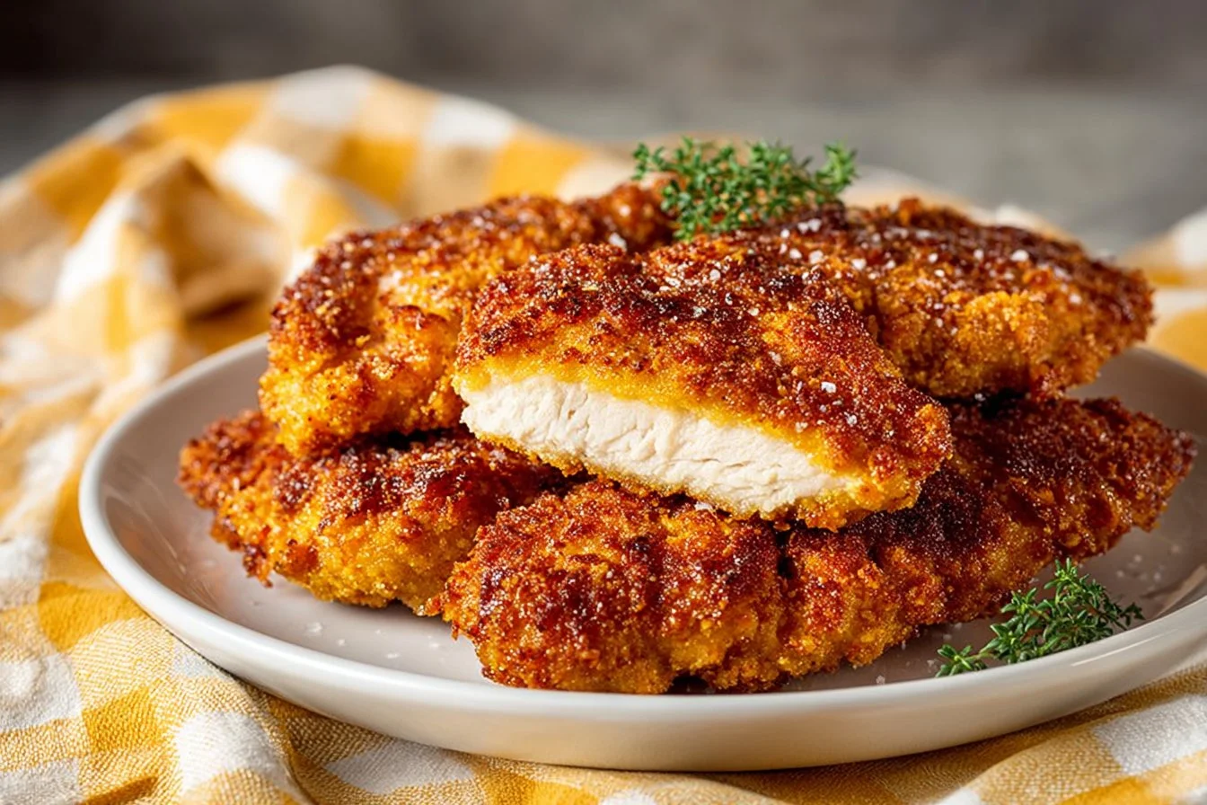 Crispy pan-fried chicken breast served on a plate with herbs.