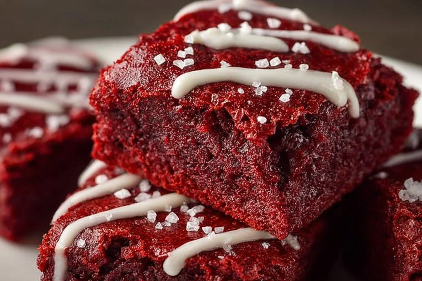Plate of fudgy red velvet brownies topped with cream cheese frosting.