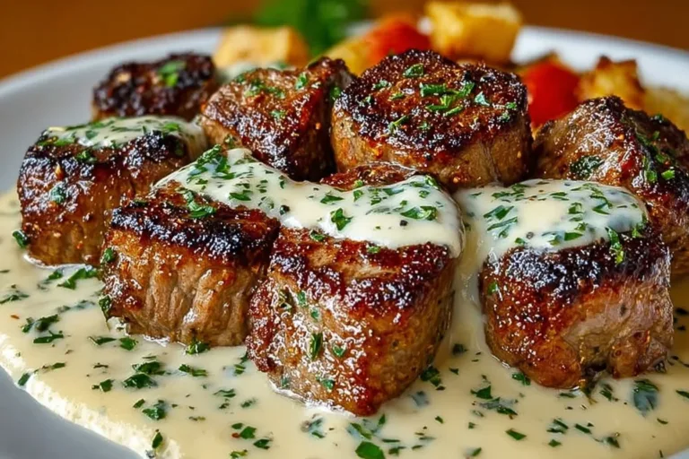 Delicious garlic butter steak bites topped with rich Parmesan cream sauce