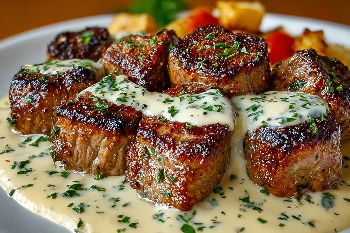 Delicious garlic butter steak bites topped with rich Parmesan cream sauce
