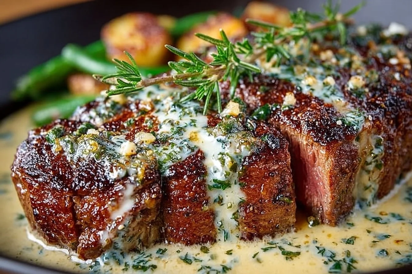 Garlic Butter Steak drizzled with creamy Parmesan sauce served on a plate