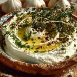 A bowl of garlic labneh served with olive oil and herbs, garnished beautifully.