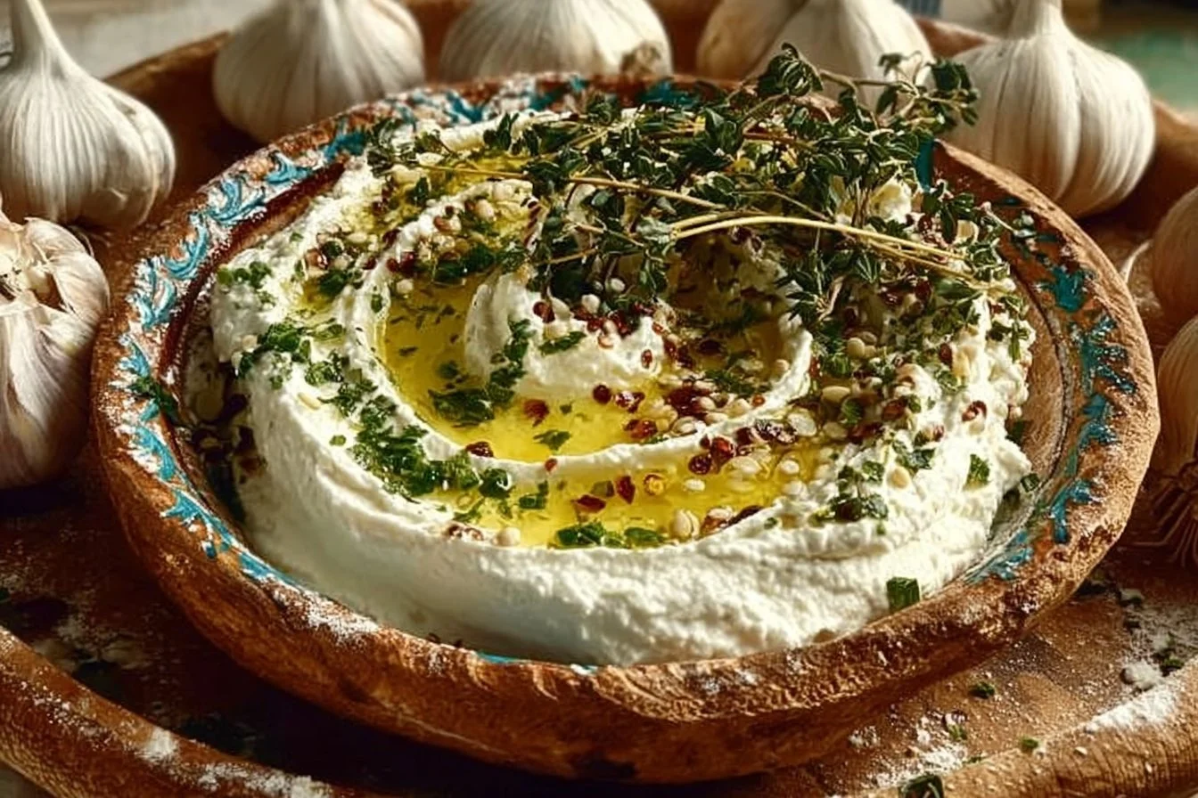 A bowl of garlic labneh served with olive oil and herbs, garnished beautifully.