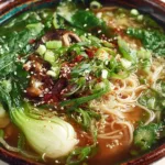 A bowl of Ginger Garlic Noodle Soup with Bok Choy garnished with green onions.