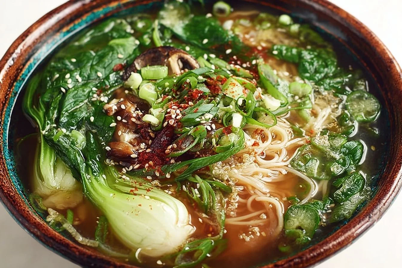 A bowl of Ginger Garlic Noodle Soup with Bok Choy garnished with green onions.