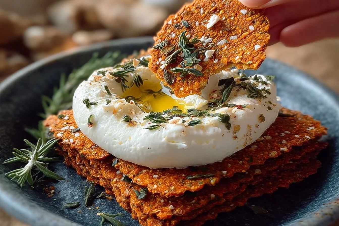 Gluten free crispy red lentil crackers served with homemade labneh dip.