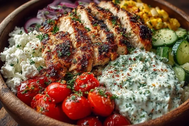 Delicious Greek Chicken Bowl with fresh vegetables and tzatziki sauce