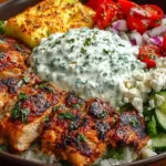 Delicious Greek Chicken Bowl with fresh vegetables and herbs