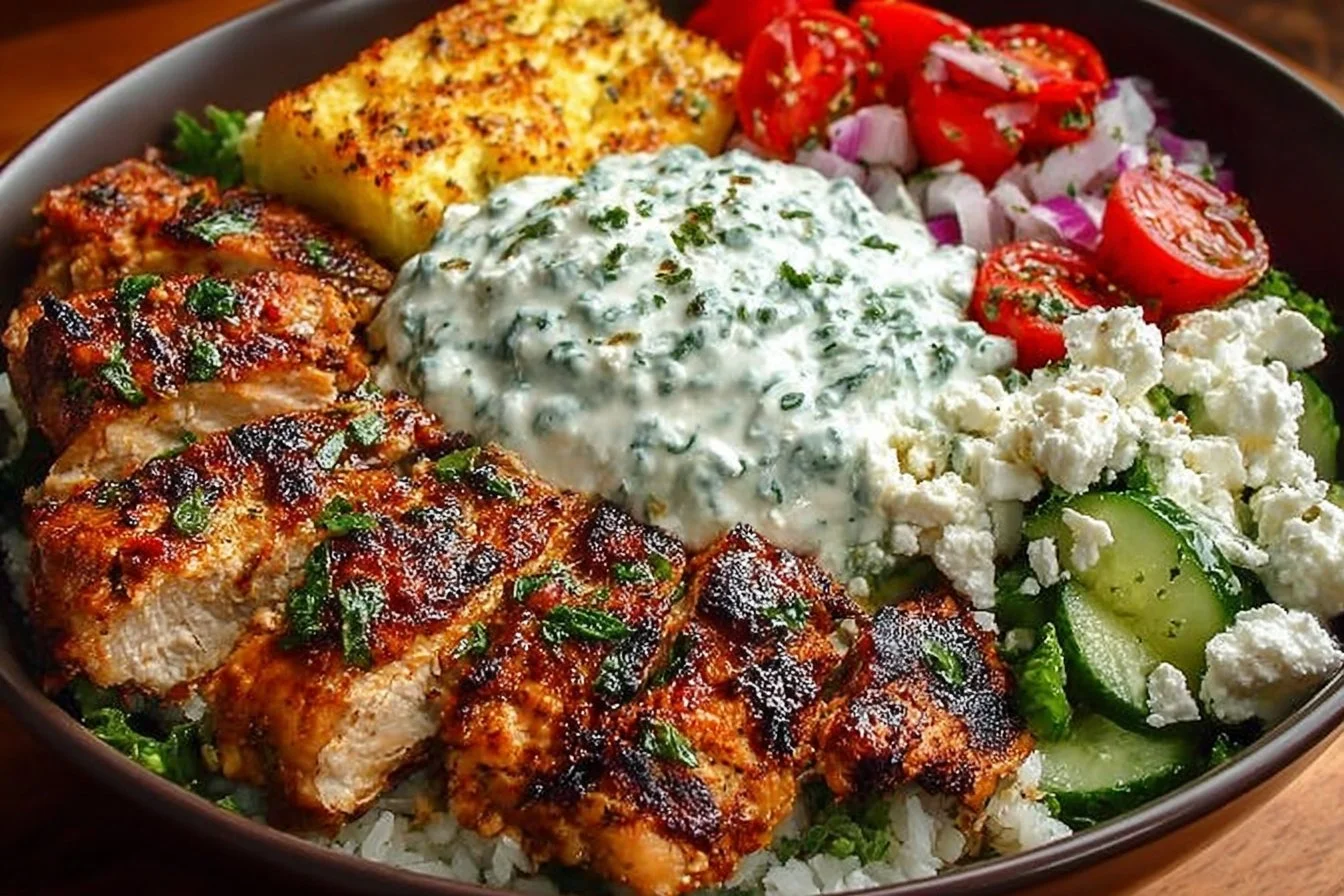 Delicious Greek Chicken Bowl with fresh vegetables and herbs