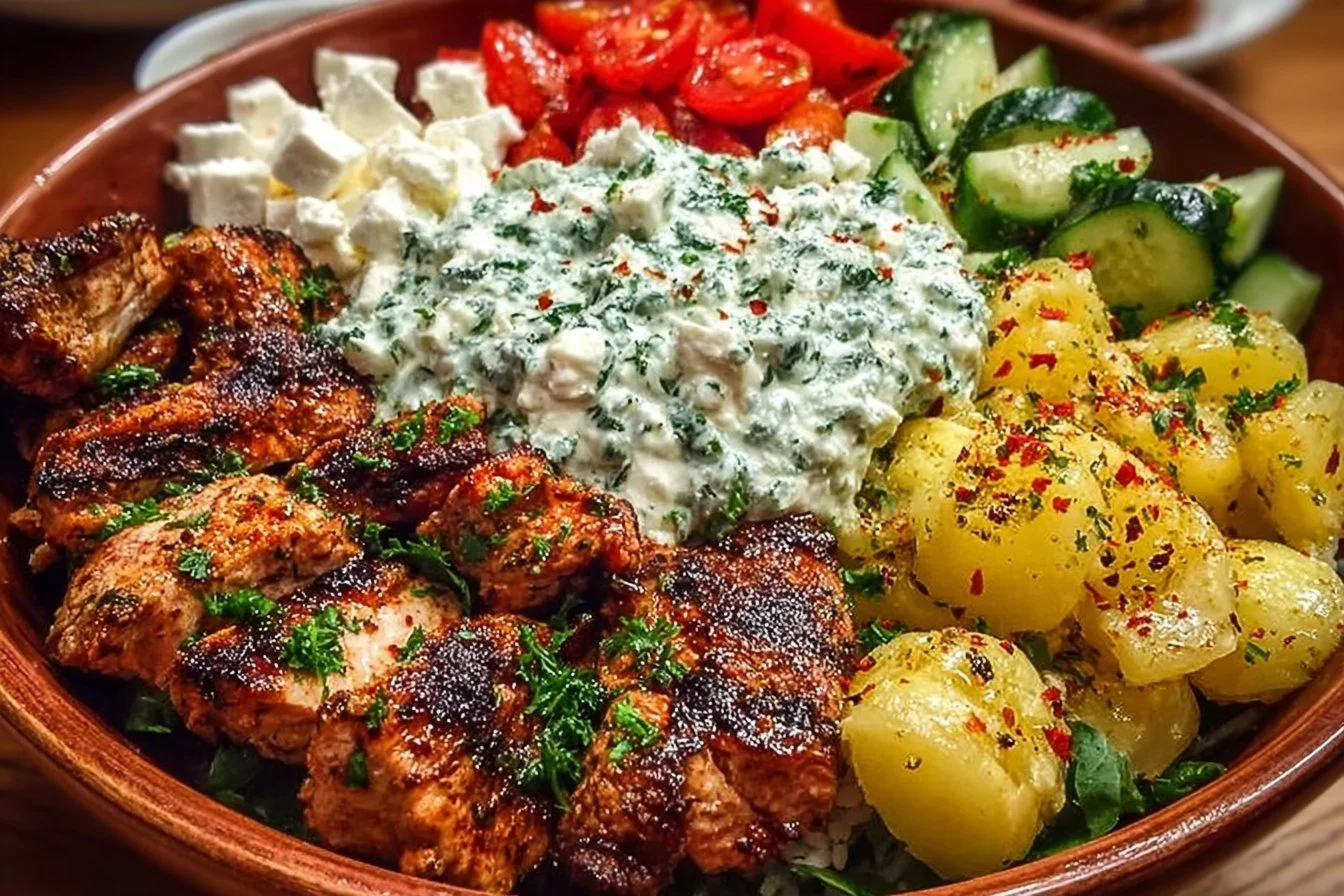 Delicious Greek Chicken Bowls with fresh vegetables and herbs