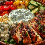 A colorful Greek Chicken Bowl topped with fresh vegetables, feta, and olives.