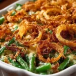 Delicious green bean casserole topped with crispy onions and creamy sauce.