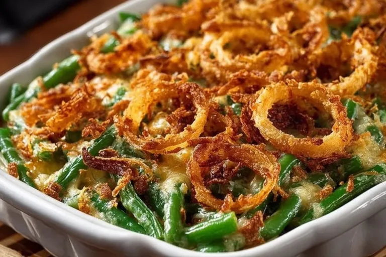 Delicious green bean casserole topped with crispy onions and creamy sauce.