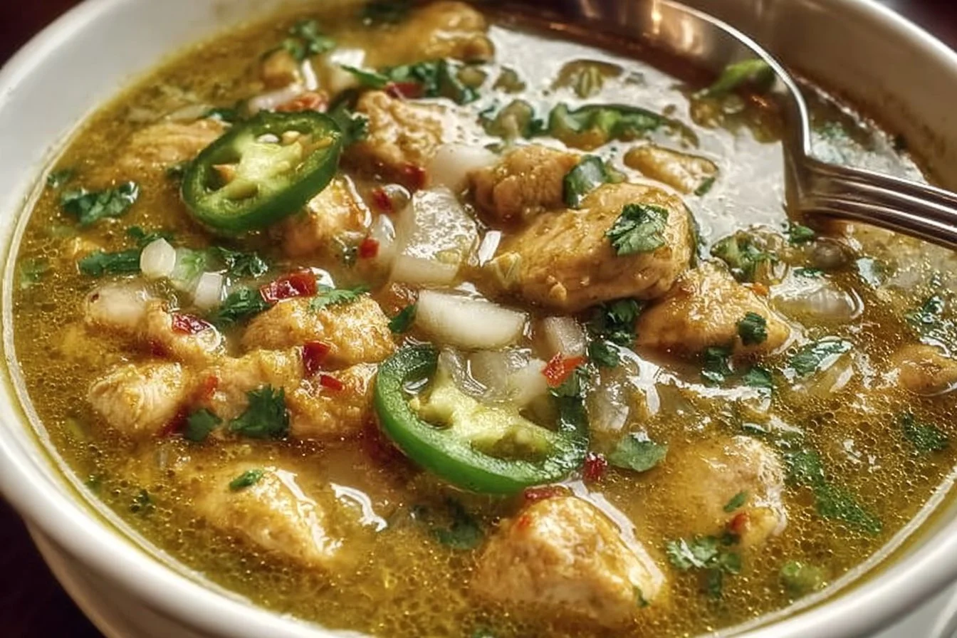 Bowl of Green Chile Pork Soup with tender pork and green chiles