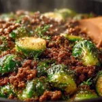 Ground beef stir-fry with Brussels sprouts garnished with herbs