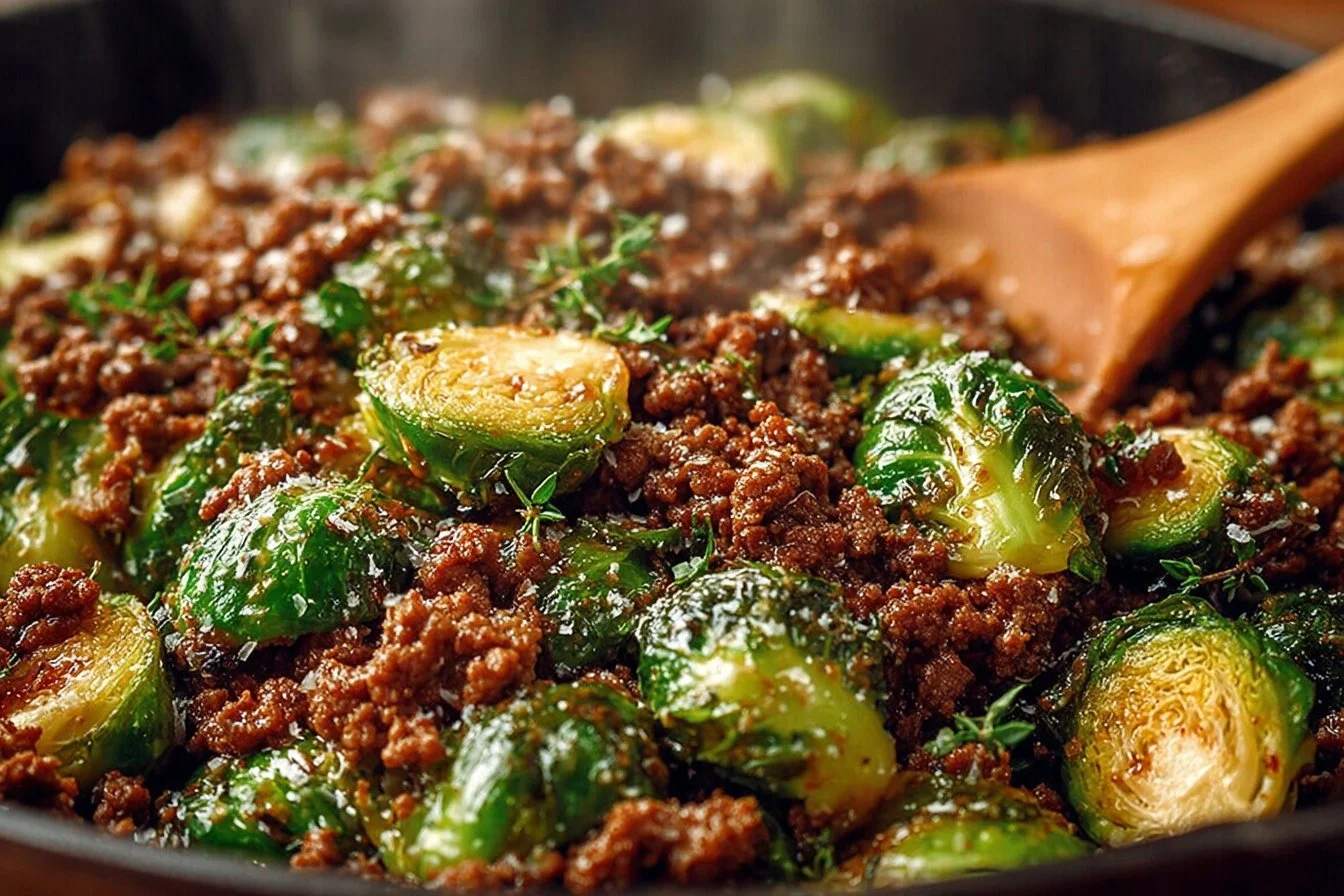 Ground beef stir-fry with Brussels sprouts garnished with herbs