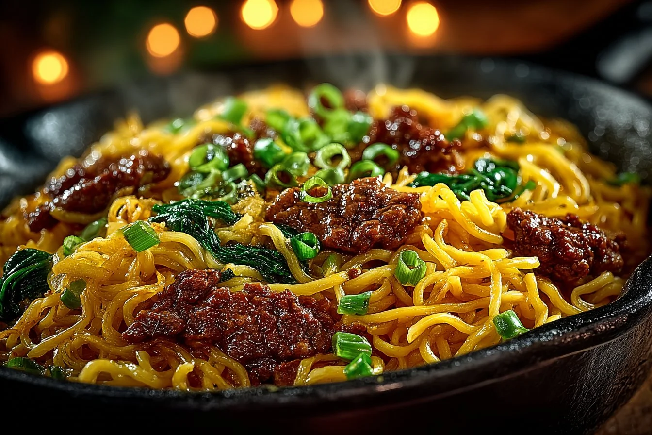 Delicious plate of ground beef noodles garnished with green onions
