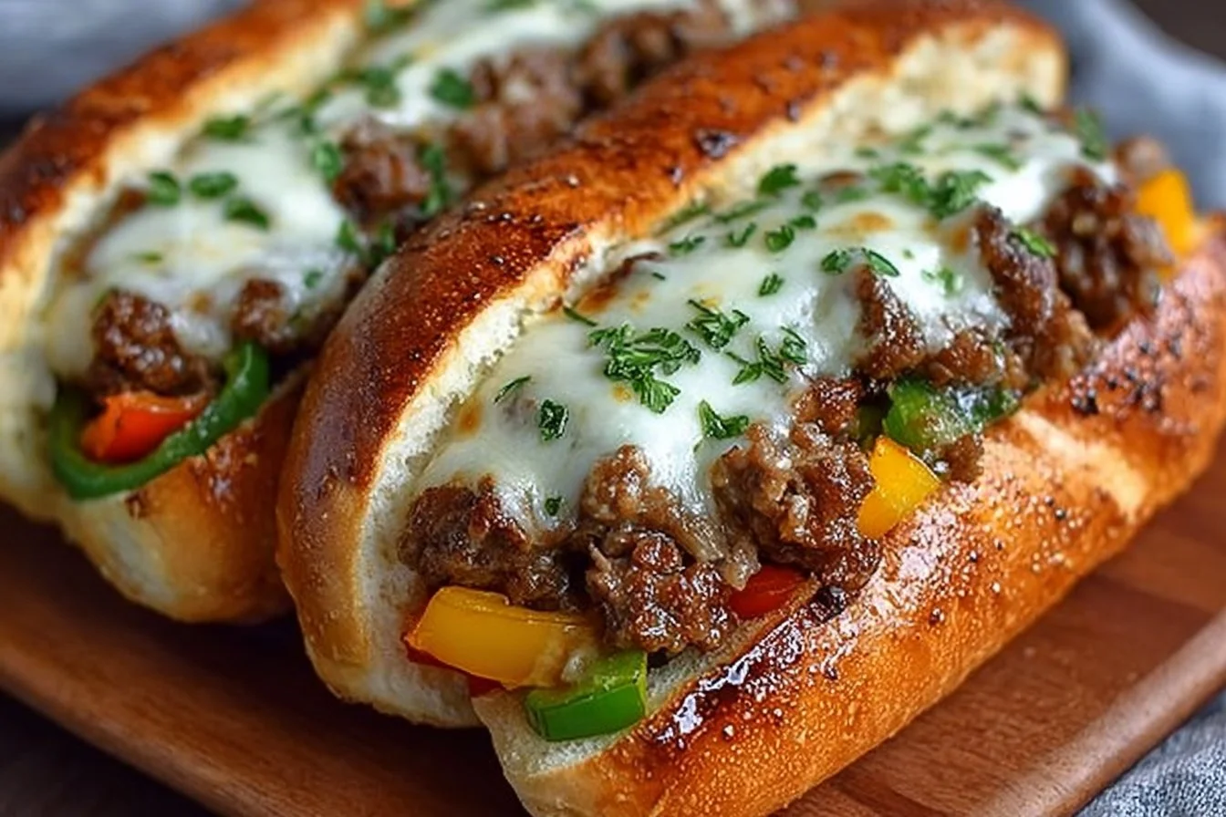 Delicious Ground Beef Philly Cheesesteaks with melted cheese and fresh toppings