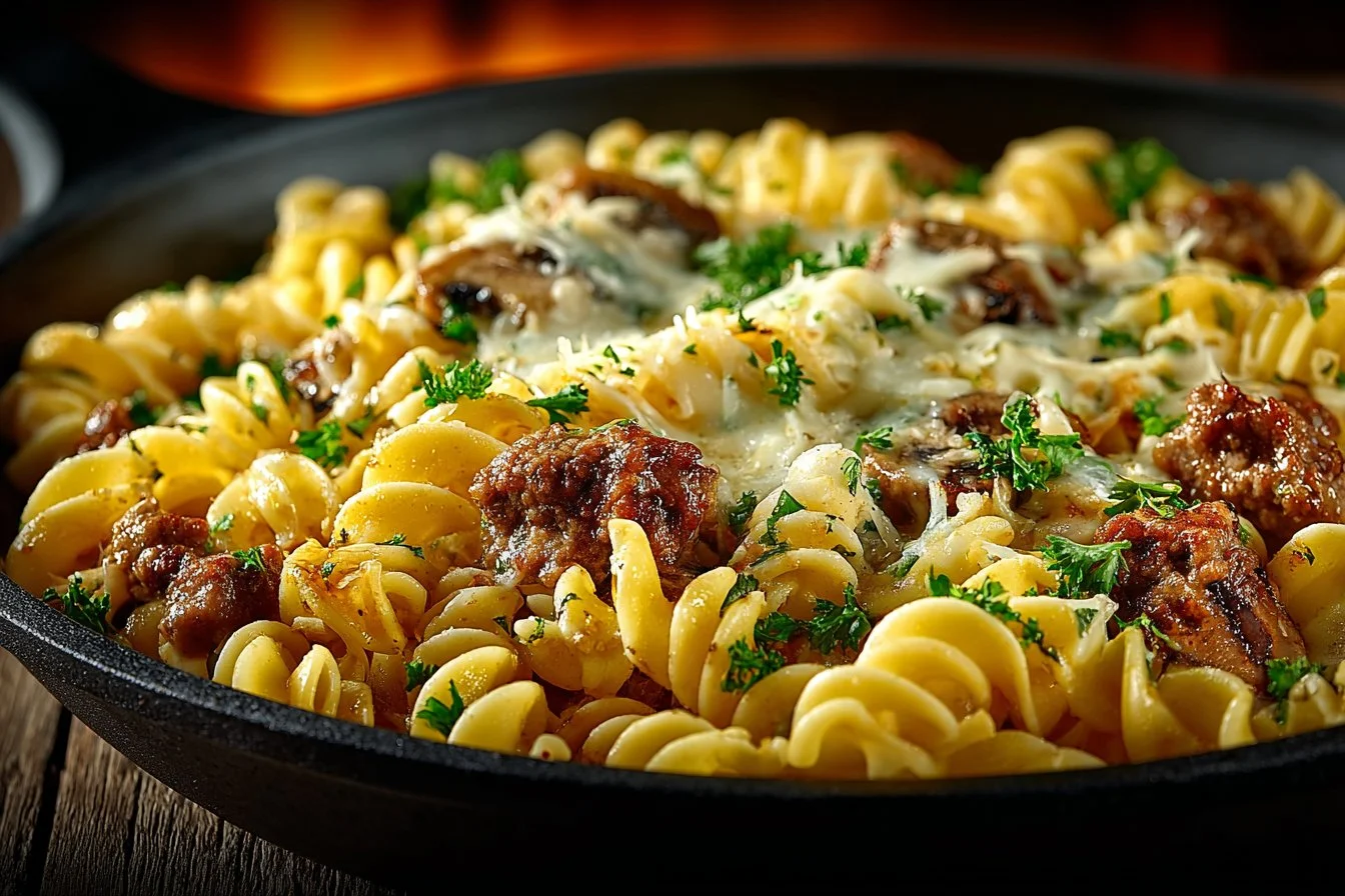 Delicious ground beef stroganoff served with pasta and garnished with parsley