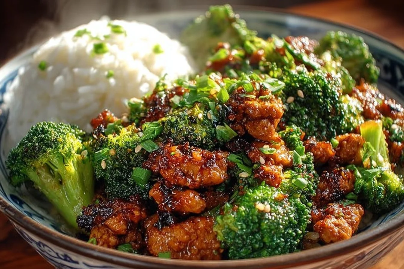 Ground chicken and broccoli stir fry in a colorful dish with vegetables