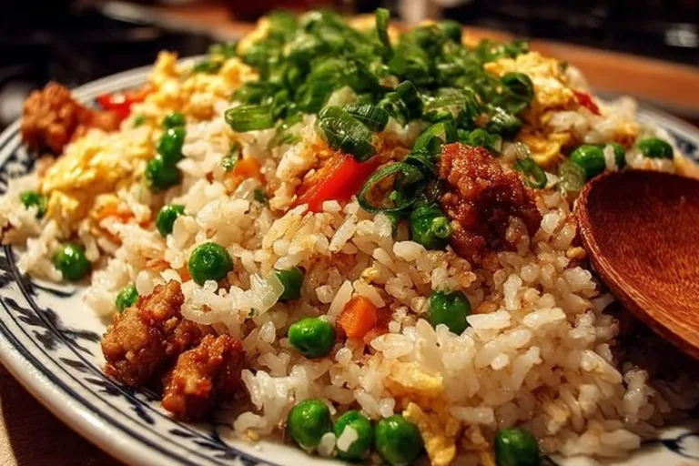 Delicious bowl of Ground Chicken Fried Rice garnished with vegetables