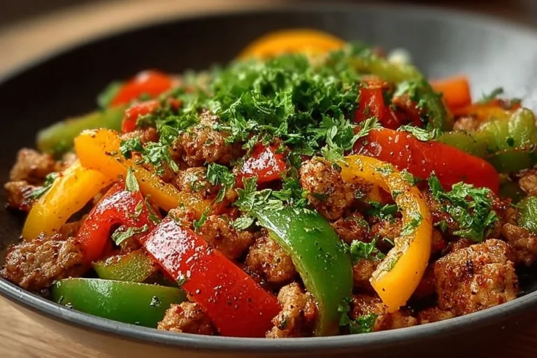 Ground turkey and peppers dish served in a bowl.