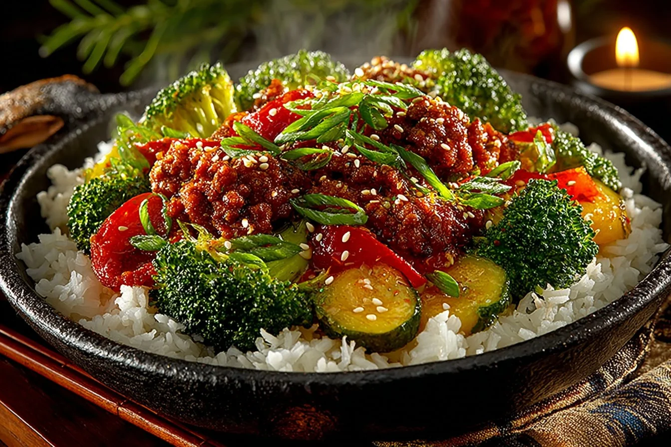 Ground turkey teriyaki stir fry with colorful vegetables on a plate