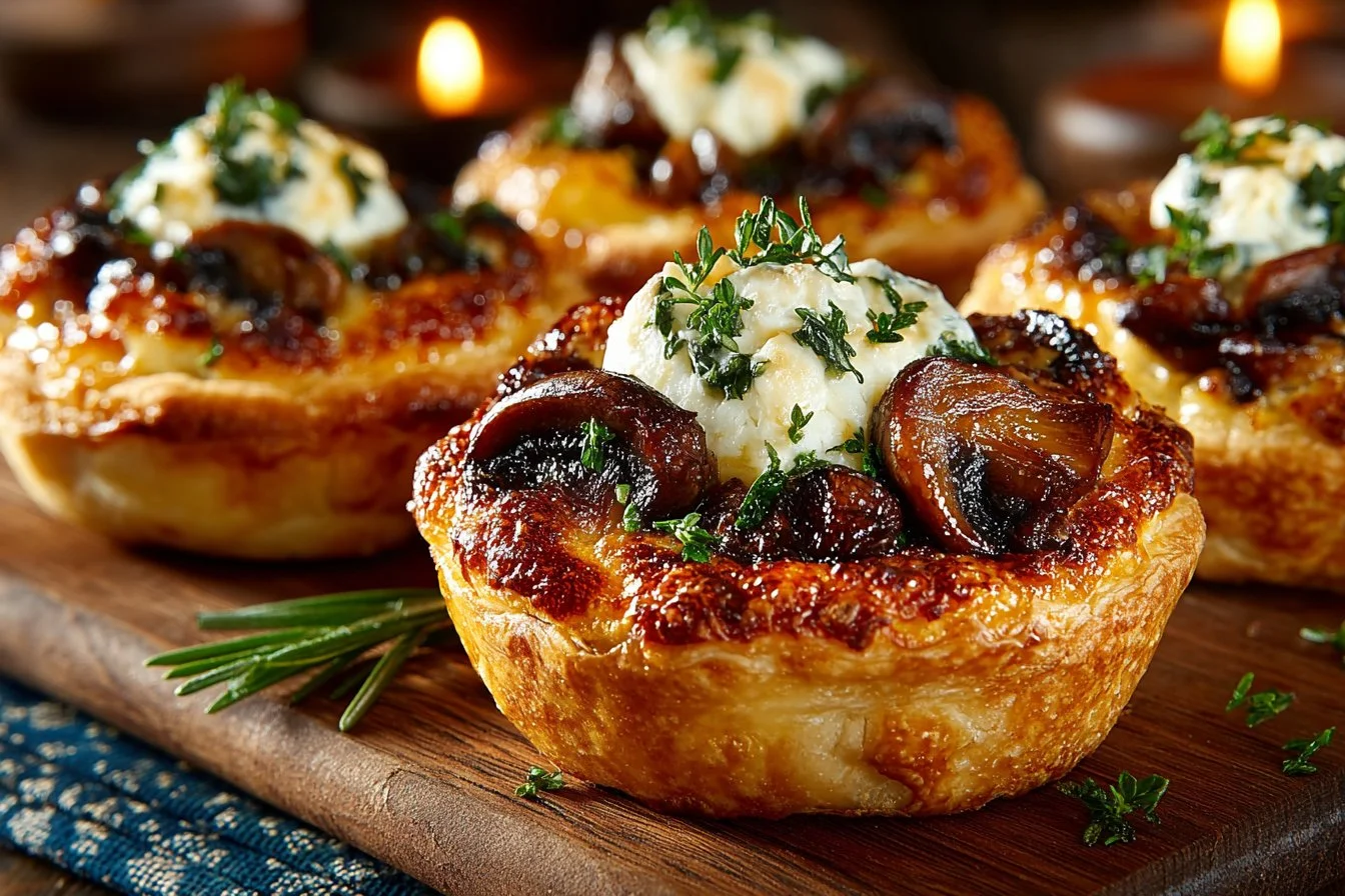 Delicious Gruyère-Mushroom puff pastry bites served on a platter.