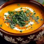 Creamy healthy butternut squash soup topped with herbs in a bowl